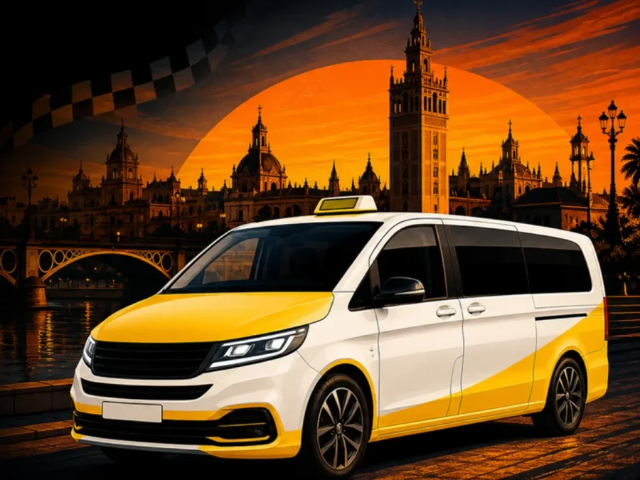 Taxi de grupo frente a la Giralda al atardecer, en duotono amarillo y negro